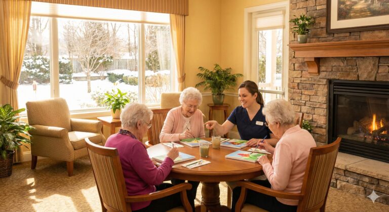 Caregiver helps four elderly women with crafts at a round table by a sunny window and fireplace.