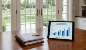 Tablet on a wooden table displaying a bar chart comparing Home Care and Memory Care, with a brown leather notebook beside it.