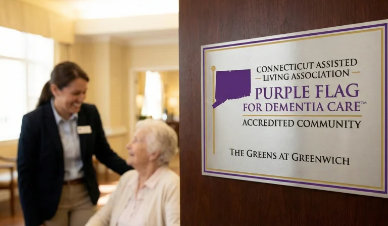 Caregiver talking with an elderly resident beside a sign for Purple Flag dementia care in a assisted living lobby setting.