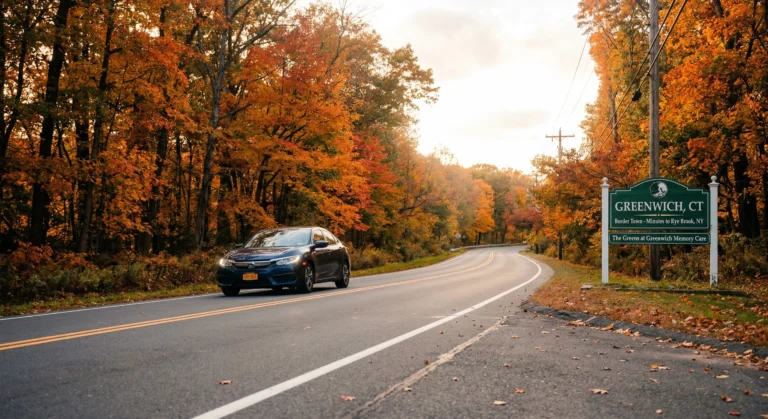 Car driving on a winding autumn road lined with orange trees near Greenwich, Connecticut, with a roadside sign on the right.