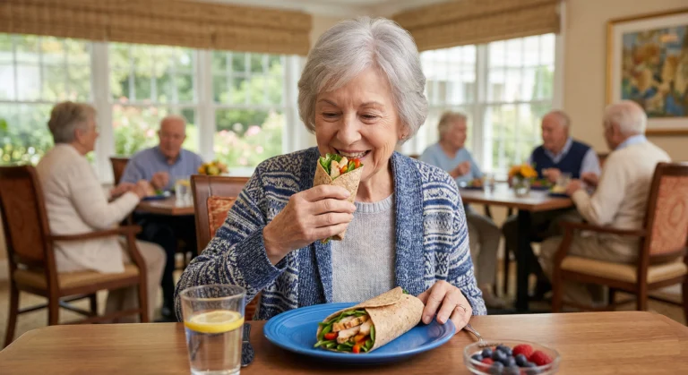 Elderly woman smiles while taking a bite of a wrap at a dining table, with a blue plate and fruit cup nearby. Other seniors sit at tables in the background in a bright room.