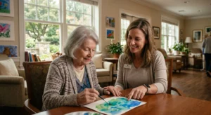 Two women sit at a wooden table painting a watercolor together in a bright, cozy living room.