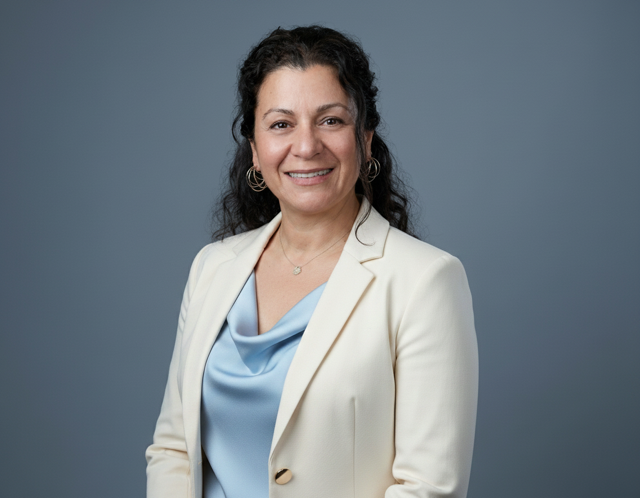 Head-and-shoulders portrait of a smiling woman in a cream blazer and light blue blouse against a blue-gray background.