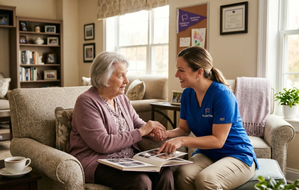 Caregiver in blue scrubs holds the elderly woman's hands while they look at a photo album on a sofa in a cozy living room.