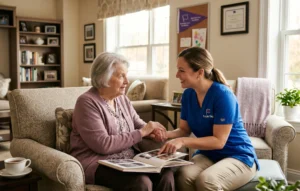 Caregiver in blue scrubs holds the elderly woman's hands while they look at a photo album on a sofa in a cozy living room.